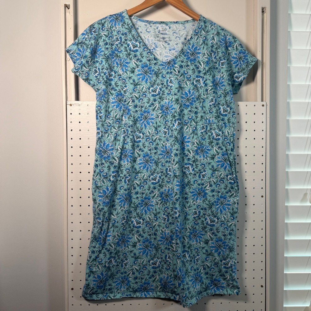 Pure Jill Soft V-Neck T-Shirt Dress Women's Blue Floral Short Sleeve Pocket - XS